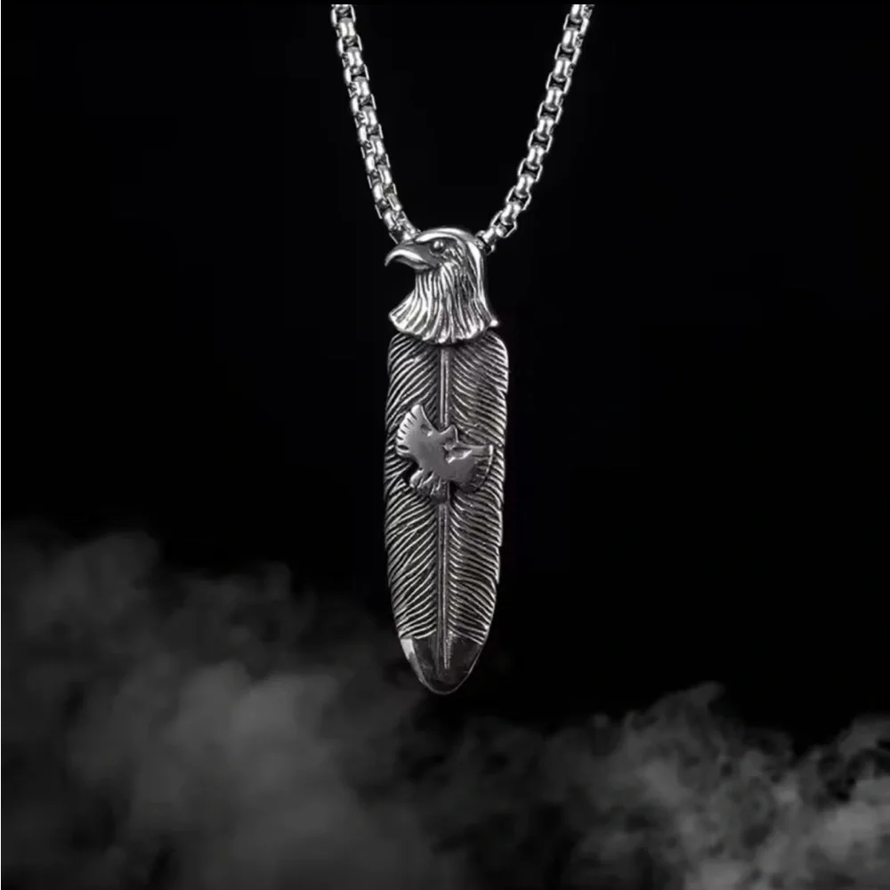 Platinum Plated Eagle Head Feather With Eagle Shaped Piece Bohemian Necklace